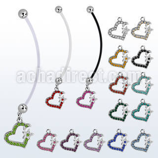 pnd527 pregnancy belly ring w dangling crystal studded heart 
