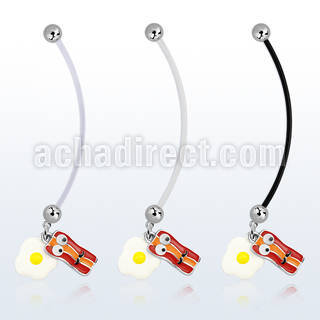pnd645 pregnancy belly ring w bacon and eggs dangling 