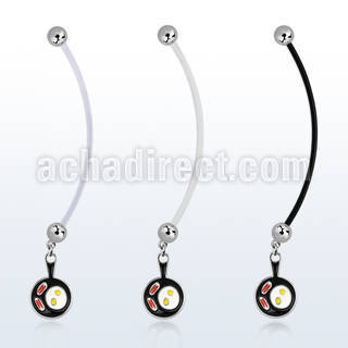 pnd646 pregnancy belly ring w dangling bacon eggs black pan 