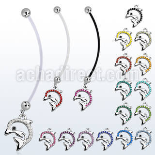 pnd672 pregnancy belly ring w dangling crystal studded dolphin 