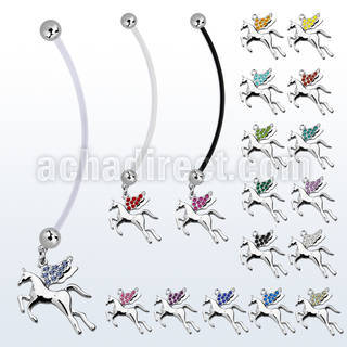 pnd675 pregnancy belly ring w dangling pegasus w crystal wings 