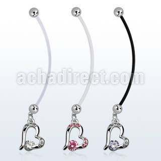 pndz362 pregnancy belly ring w dangling heart w a prong set cz