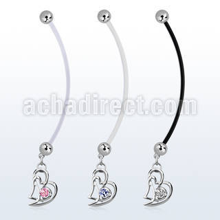 pndz373 pregnancy belly ring w dangling double heart w round cz
