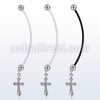 pndz379 pregnancy belly ring w dangling vintage cross w round cz