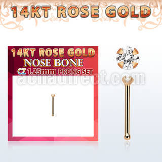 rbzm12 14kt rose gold nose bone w tiny 1.25mm clear cz stone