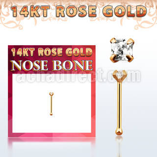 rnbqc1 14kt rose gold nose bone w a 2mm square prong set cz