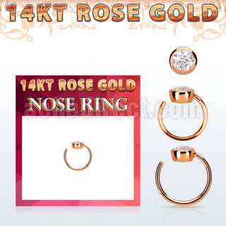 rnrz3 solid 14kt rose gold nose ring 3mm top w clear cz stone