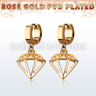 rose gold stainless steel huggie w a diamond dangling