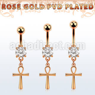 rose gold steel belly banana w cz & dangling ankh cross 