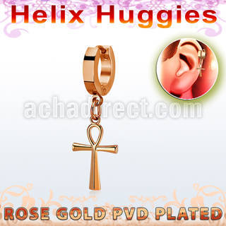 rose gold steel helix huggie w a dangling ankh cross 