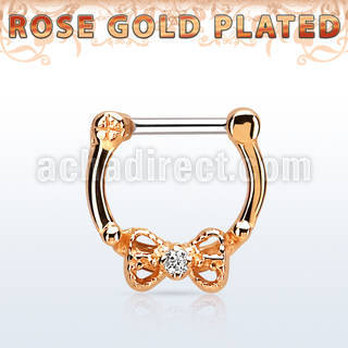 rsepk16 rose gold plated silver septum clicker 16g w bow cz