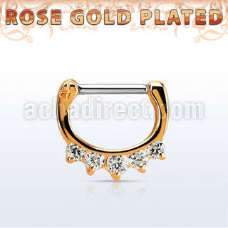 rsepq16 rose gold plated silver septum clicker 16g w 5 czs stone