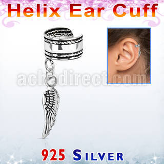 silver helix ear cuff w rope edge w bird wing dangling