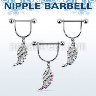 snpod17 316l steel nipple stirrup w bird wing design w crystals