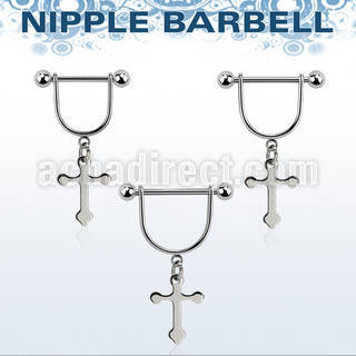 snpod22 steel stirrup nipple ring w dangling small cross