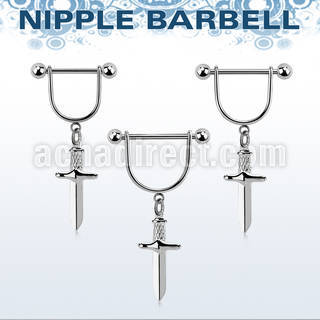 snpod26 steel nipple stirrup 14g  w 5mm balls & dangling dagger
