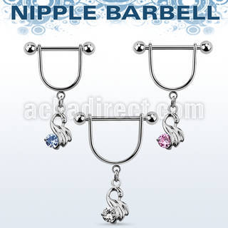 snpoz5 steel nipple stirrup w dangling swan with cz stone 
