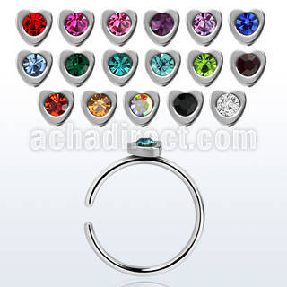 snr3 316l steel clip on nose ring w heart shaped crystal top