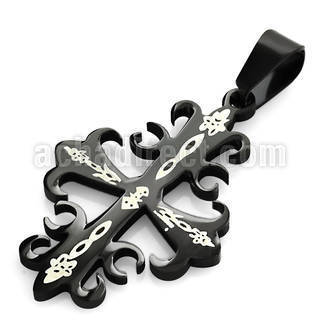 spdk11 floral cross black steel pendant with ornamental inlays