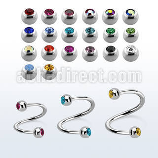 spe2c4 316l steel eyebrow spiral w two 4mm bezel set jewel ball