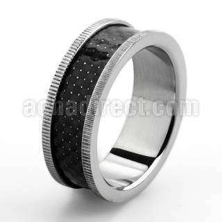 sr187 stainless steel ring with black inlay grooved edges
