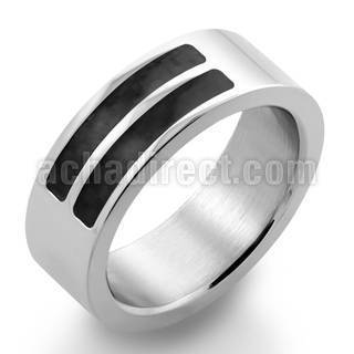 sr200 high polished steel ring w 2 stripe black carbon inlay