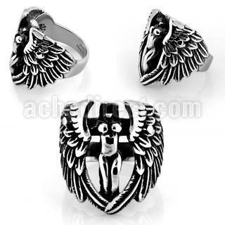 sr341 316l steel ring with naked beheaded virgin with wings