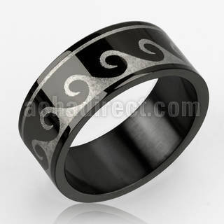 srb40 black anodized stainless steel ring w ocean wave design