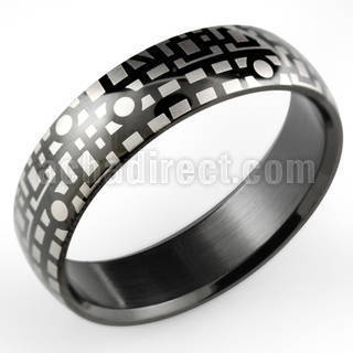 srb54 black anodized plated steel ring with geometric pattern