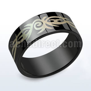 srb9 black anodized stainless steel ring with tribal design