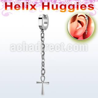 stainless steel helix huggie w dangling ankh cross