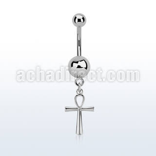 steel belly banana 14g w a dangling ankh cross 