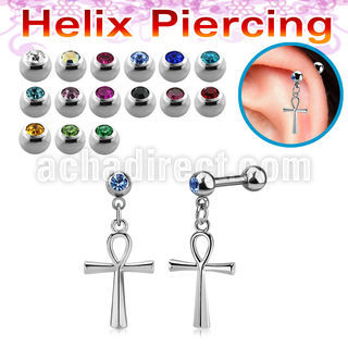 steel helix barbell w jewel ball dangling ankh cross 