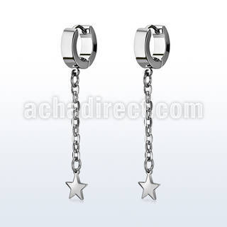 steel huggies earrings w a steel star on long chain 
