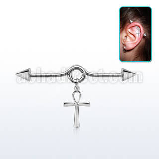 steel industrial loop barbell w cones & ankh cross 