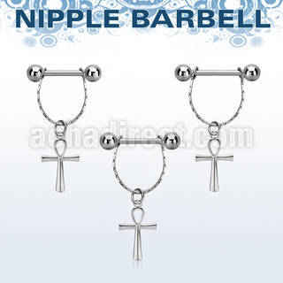 steel nipple barbell w small chain & dangling ankh cross 