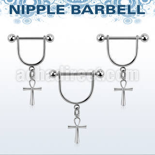 steel nipple stirrup w 5mm balls & a dangling ankh cross 