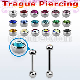 steel tragus barbell 1mm w top 3mm half jewel ball
