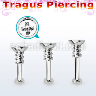 tlbescw2 316l steel tragus labret 16g w a cross screw top 