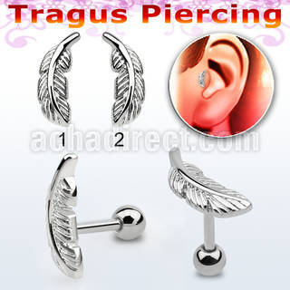 trg2918 316l steel tragus piercing w feather shaped top 18g 1mm