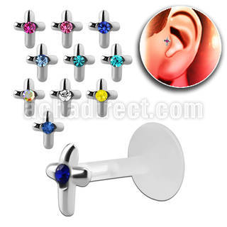 trgs3 bioflex tragus piercing w silver cross w center crystal