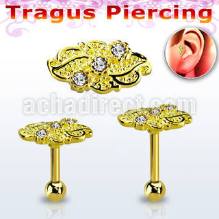 trgt40 gold 316l steel tragus piercing 16g w leaf top w crystal