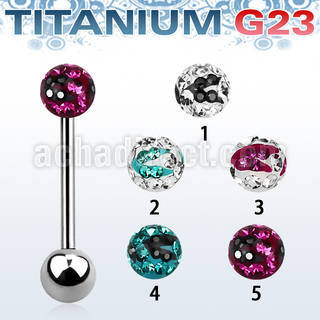 ubbfr5c titanium tongue barbell w a 5mm zebra multi crystal ball