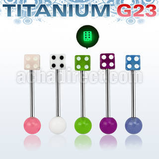 ubbgld titanium g23 barbell tongue bar with acrylic glow dice