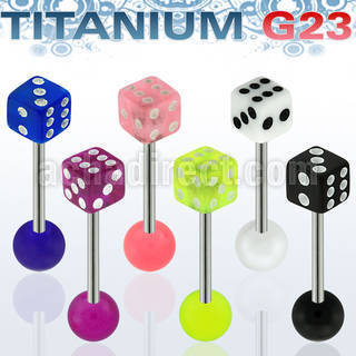 ubbvdi titanium g23 tongue barbell with a 5mm acrylic uv dice