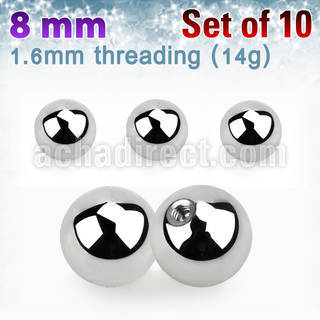 xbal8 pack of 8mm high polished 316l steel balls threading 14g