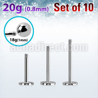 xlb20g set w 10 surgical steel labret posts w 0.8mm threading