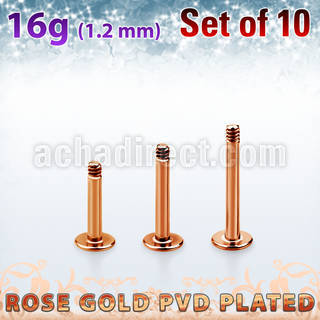 xttlb16g set of rose gold plated steel labret posts thread 1.2mm