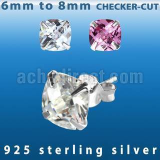 zsqfm pair of silver ear studs with square prong cz stones