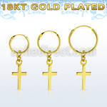 18k gold plated silver helix hoop w small cross dangling 